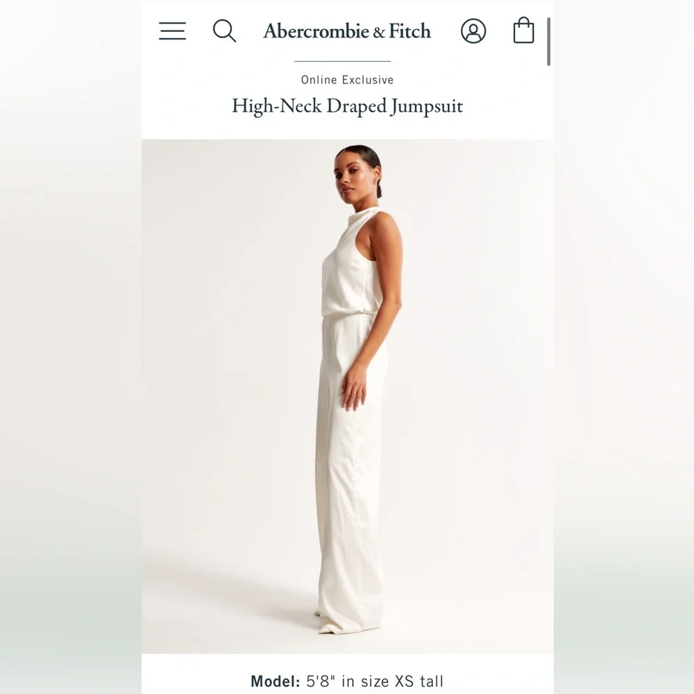Abercrombie & Fitch PETITE White High-neck Draped Jumpsuit - Picture 2 of 5